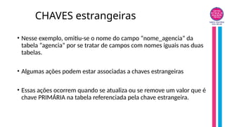 CHAVES estrangeiras
• Nesse exemplo, omitiu-se o nome do campo “nome_agencia” da
tabela “agencia” por se tratar de campos com nomes iguais nas duas
tabelas.
• Algumas ações podem estar associadas a chaves estrangeiras
• Essas ações ocorrem quando se atualiza ou se remove um valor que é
chave PRIMÁRIA na tabela referenciada pela chave estrangeira.
 