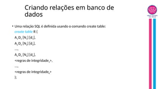 Criando relações em banco de
dados
• Uma relação SQL é definida usando o comando create table:
create table R (
A1 D1 [N1] [d1],
A2 D2 [N2] [d2],
...,
An Dn [Nn] [dn],
<regras de integridade1>,
...,
<regras de integridadek>
);
 