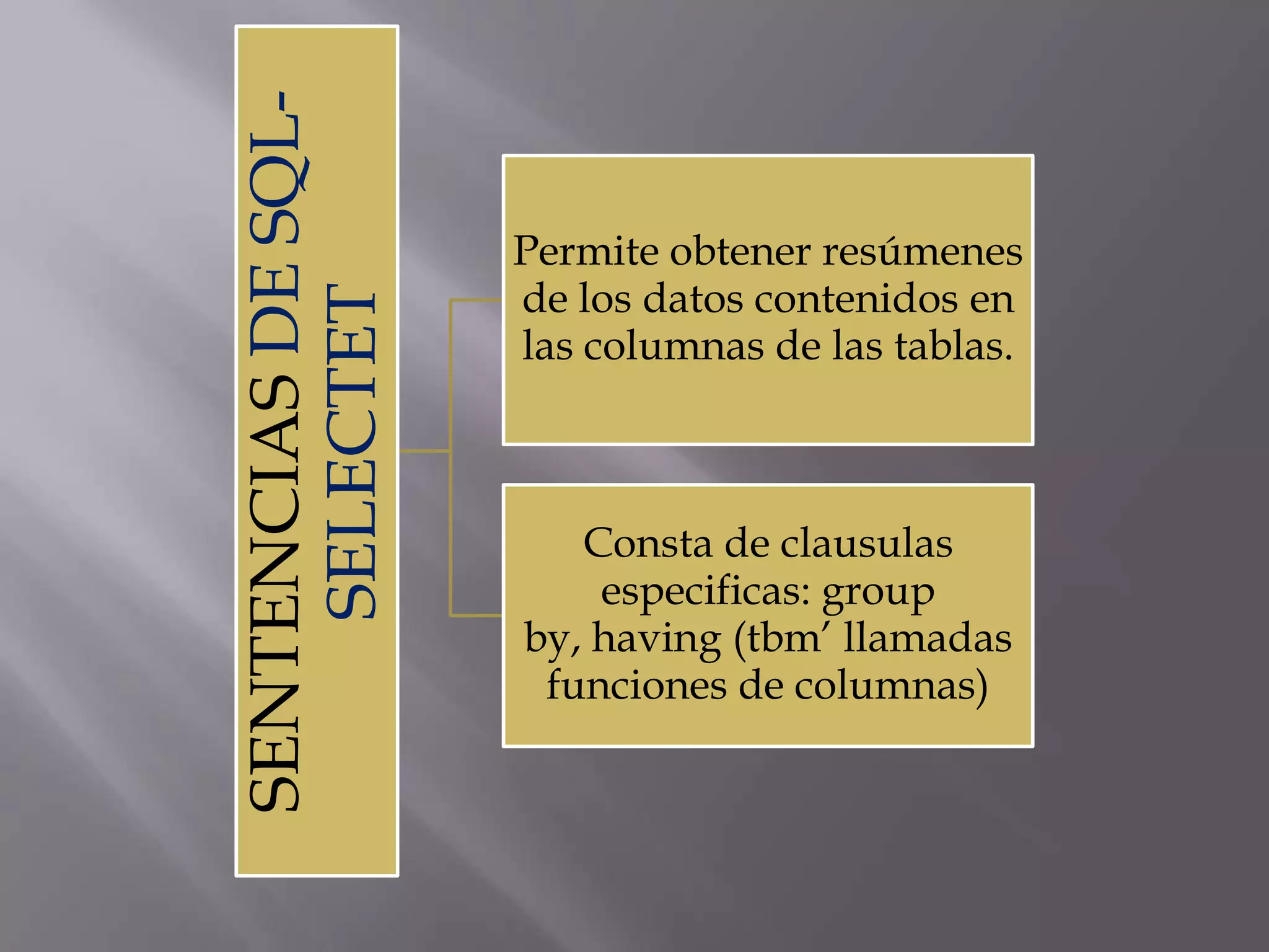 SENTENCIAS DE SQL-   Permite obtener resúmenes
                     de los datos contenidos en
    SELECTET         las columnas de las tablas.



                        Consta de clausulas
                         especificas: group
                     by, having (tbm’ llamadas
                      funciones de columnas)
 
