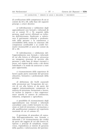 Atti Parlamentari                          —     87   —        Camera dei Deputati — 5256
               XVI LEGISLATURA   —   DISEGNI DI LEGGE E RELAZIONI   —   DOCUMENTI



di certificazione delle competenze di cui ai
commi da 64 a 68, sulla base dei seguenti
princìpi e criteri direttivi:

     a) individuazione e validazione degli
apprendimenti non formali e informali di
cui ai commi 53 e 54, acquisiti dalla
persona, quali servizi effettuati su richie-
sta dell’interessato, finalizzate a valoriz-
zare il patrimonio culturale e professio-
nale delle persone e la consistenza e
correlabilità dello stesso in relazione alle
competenze certificabili e ai crediti for-
mativi riconoscibili ai sensi dei commi da
64 a 68;

     b) individuazione e validazione del-
l’apprendimento non formale e informale
di cui alla lettera a) effettuate attraverso
un omogeneo processo di servizio alla
persona e sulla base di idonei riscontri e
prove, nel rispetto delle scelte e dei diritti
individuali e in modo da assicurare a tutti
pari opportunità;

     c) riconoscimento delle esperienze di
lavoro quale parte essenziale del percorso
educativo, formativo e professionale della
persona;

      d) definizione dei livelli essenziali
delle prestazioni per l’erogazione dei ser-
vizi di cui alla lettera a) da parte dei
soggetti istituzionalmente competenti in
materia di istruzione, formazione e lavoro,
ivi incluse le imprese e loro rappresen-
tanze nonché le camere di commercio,
industria, artigianato e agricoltura;

      e) possibilità di riconoscimento degli
apprendimenti non formali e informali
convalidati come crediti formativi in rela-
zione ai titoli di istruzione e formazione e
alle qualificazioni compresi nel repertorio
nazionale di cui al comma 67;

      f) previsione di procedure di conva-
lida dell’apprendimento non formale e
informale e di riconoscimento dei crediti
da parte dei soggetti di cui alla lettera d),
ispirate a principi di semplicità, traspa-
renza, rispondenza ai sistemi di garanzia
della qualità e valorizzazione del patrimo-
 