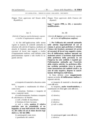 Atti parlamentari                             – 30 –        Senato della Repubblica – N. 2156-B
                    XVI LEGISLATURA – DISEGNI DI LEGGE E RELAZIONI - DOCUMENTI


(Segue: Testo approvato dal Senato della            (Segue: Testo approvato dalla Camera dei
  Repubblica)                                         deputati)

                                                    legge 7 agosto 1990, n. 241, e successive
                                                    modificazioni».


                     Art. 5.                                           Art. 13.
        `
(Attivita d’impresa particolarmente esposte                 `
                                                    (Attivita di imprese particolarmente esposte
     a rischio d’inquinamento mafioso)                   al rischio di infiltrazione mafiosa)

   1. Ai fini dell’applicazione delle norme            1. Per l’efficacia dei controlli antimafia
vigenti in materia di controlli antimafia in                      `
                                                    nelle attivita imprenditoriali di cui al
                      `
relazione alle attivita d’impresa, mediante gli                                         `
                                                    comma 2, presso ogni prefettura e istituito
elenchi di fornitori, prestatori di servizi ed      l’elenco dei fornitori, prestatori di servizi
esecutori di lavori non soggetti a rischio          ed esecutori di lavori non soggetti a tenta-
d’inquinamento mafioso, sono definite come          tivo di infiltrazione mafiosa operanti nei
particolarmente esposte a tale rischio le se-       medesimi settori. L’iscrizione negli elenchi
              `
guenti attivita:                                    della prefettura della provincia in cui
                                                    l’impresa ha sede soddisfa i requisiti per
                                                    l’informazione antimafia per l’esercizio
                                                                          `
                                                    della relativa attivita. La prefettura effet-
                                                    tua verifiche periodiche circa la perdu-
                                                    rante insussistenza dei suddetti rischi e, in
                                                    caso di esito negativo, dispone la cancel-
                                                    lazione dell’impresa dall’elenco.
                                                       2. Sono definite come maggiormente
                                                    esposte a rischio di infiltrazione mafiosa le
                                                                    `
                                                    seguenti attivita:
      a) trasporto di materiali a discarica conto        a) trasporto di materiali a discarica per
terzi;                                              conto di terzi;
      b) trasporto e smaltimento di rifiuti a            b) trasporto, anche transfrontaliero, e
conto terzi;                                        smaltimento di rifiuti per conto di terzi;
      c) estrazione, fornitura e trasporto di            c) identica;
terra e materiali inerti;
      d) confezionamento, fornitura e trasporto         d) identica;
di calcestruzzo e di bitume;
      e) noli a freddo di macchinari;                   e) identica;
      f) fornitura di ferro lavorato;                   f) identica;
      g) noli a caldo, qualora il relativo              g) noli a caldo;
contratto non sia assimilabile al su-
bappalto, ai sensi dell’articolo 118, comma
11, del codice di cui al citato decreto legi-
slativo n. 163 del 2006;
      h) autotrasporti conto terzi;                     h) autotrasporti per conto di terzi;
                  `
      i) guardianıa dei cantieri.                       i) identica.
 