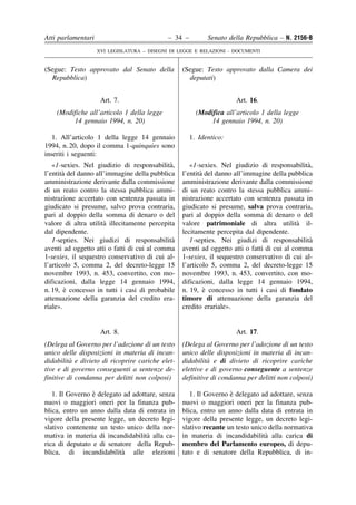 Atti parlamentari                            – 34 –         Senato della Repubblica – N. 2156-B
                    XVI LEGISLATURA – DISEGNI DI LEGGE E RELAZIONI - DOCUMENTI


(Segue: Testo approvato dal Senato della          (Segue: Testo approvato dalla Camera dei
  Repubblica)                                       deputati)


                     Art. 7.                                          Art. 16.
    (Modifiche all’articolo 1 della legge               (Modifica all’articolo 1 della legge
         14 gennaio 1994, n. 20)                             14 gennaio 1994, n. 20)

   1. All’articolo 1 della legge 14 gennaio           1. Identico:
1994, n. 20, dopo il comma 1-quinquies sono
inseriti i seguenti:
   «1-sexies. Nel giudizio di responsabilita,`       «1-sexies. Nel giudizio di responsabilita,`
       `
l’entita del danno all’immagine della pubblica           `
                                                  l’entita del danno all’immagine della pubblica
amministrazione derivante dalla commissione       amministrazione derivante dalla commissione
di un reato contro la stessa pubblica ammi-       di un reato contro la stessa pubblica ammi-
nistrazione accertato con sentenza passata in     nistrazione accertato con sentenza passata in
giudicato si presume, salvo prova contraria,      giudicato si presume, salva prova contraria,
pari al doppio della somma di denaro o del        pari al doppio della somma di denaro o del
                      `
valore di altra utilita illecitamente percepita   valore patrimoniale di altra utilita il-   `
dal dipendente.                                   lecitamente percepita dal dipendente.
   1-septies. Nei giudizi di responsabilita   `      1-septies. Nei giudizi di responsabilita   `
aventi ad oggetto atti o fatti di cui al comma    aventi ad oggetto atti o fatti di cui al comma
1-sexies, il sequestro conservativo di cui al-    1-sexies, il sequestro conservativo di cui al-
l’articolo 5, comma 2, del decreto-legge 15       l’articolo 5, comma 2, del decreto-legge 15
novembre 1993, n. 453, convertito, con mo-        novembre 1993, n. 453, convertito, con mo-
dificazioni, dalla legge 14 gennaio 1994,         dificazioni, dalla legge 14 gennaio 1994,
        `
n. 19, e concesso in tutti i casi di probabile             `
                                                  n. 19, e concesso in tutti i casi di fondato
attenuazione della garanzia del credito era-      timore di attenuazione della garanzia del
riale».                                           credito erariale».


                     Art. 8.                                          Art. 17.
(Delega al Governo per l’adozione di un testo     (Delega al Governo per l’adozione di un testo
unico delle disposizioni in materia di incan-     unico delle disposizioni in materia di incan-
          `
didabilita e divieto di ricoprire cariche elet-            `
                                                  didabilita e di divieto di ricoprire cariche
tive e di governo conseguenti a sentenze de-      elettive e di governo conseguente a sentenze
finitive di condanna per delitti non colposi)     definitive di condanna per delitti non colposi)

                 `
   1. Il Governo e delegato ad adottare, senza                     `
                                                     1. Il Governo e delegato ad adottare, senza
nuovi o maggiori oneri per la finanza pub-        nuovi o maggiori oneri per la finanza pub-
blica, entro un anno dalla data di entrata in     blica, entro un anno dalla data di entrata in
vigore della presente legge, un decreto legi-     vigore della presente legge, un decreto legi-
slativo contenente un testo unico della nor-      slativo recante un testo unico della normativa
                                    `
mativa in materia di incandidabilita alla ca-                                   `
                                                  in materia di incandidabilita alla carica di
rica di deputato e di senatore della Repub-       membro del Parlamento europeo, di depu-
                           `
blica, di incandidabilita alle elezioni           tato e di senatore della Repubblica, di in-
 