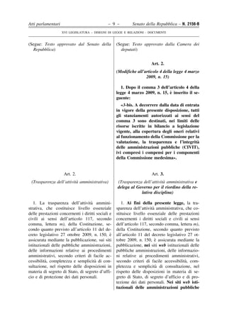 Atti parlamentari                              – 9 –         Senato della Repubblica – N. 2156-B
                    XVI LEGISLATURA – DISEGNI DI LEGGE E RELAZIONI - DOCUMENTI


(Segue: Testo approvato dal Senato della            (Segue: Testo approvato dalla Camera dei
  Repubblica)                                         deputati)


                                                                       Art. 2.
                                                    (Modifiche all’articolo 4 della legge 4 marzo
                                                                    2009, n. 15)

                                                       1. Dopo il comma 3 dell’articolo 4 della
                                                                               `
                                                    legge 4 marzo 2009, n. 15, e inserito il se-
                                                    guente:
                                                       «3-bis. A decorrere dalla data di entrata
                                                    in vigore della presente disposizione, tutti
                                                    gli stanziamenti autorizzati ai sensi del
                                                    comma 3 sono destinati, nei limiti delle
                                                    risorse iscritte in bilancio a legislazione
                                                    vigente, alla copertura degli oneri relativi
                                                    al funzionamento della Commissione per la
                                                    valutazione, la trasparenza e l’integrita  `
                                                    delle amministrazioni pubbliche (CIVIT),
                                                    ivi compresi i compensi per i componenti
                                                    della Commissione medesima».


                     Art. 2.                                            Art. 3.
                          `
 (Trasparenza dell’attivita amministrativa)                                  `
                                                    (Trasparenza dell’attivita amministrativa e
                                                    delega al Governo per il riordino della re-
                                                                lativa disciplina)

                                    `
   1. La trasparenza dell’attivita ammini-             1. Ai fini della presente legge, la tra-
strativa, che costituisce livello essenziale                             `
                                                    sparenza dell’attivita amministrativa, che co-
delle prestazioni concernenti i diritti sociali e   stituisce livello essenziale delle prestazioni
civili ai sensi dell’articolo 117, secondo          concernenti i diritti sociali e civili ai sensi
comma, lettera m), della Costituzione, se-          dell’articolo 117, secondo comma, lettera m),
condo quanto previsto all’articolo 11 del de-       della Costituzione, secondo quanto previsto
creto legislativo 27 ottobre 2009, n. 150, e    `   all’articolo 11 del decreto legislativo 27 ot-
assicurata mediante la pubblicazione, sui siti                             `
                                                    tobre 2009, n. 150, e assicurata mediante la
istituzionali delle pubbliche amministrazioni,      pubblicazione, nei siti web istituzionali delle
delle informazioni relative ai procedimenti         pubbliche amministrazioni, delle informazio-
amministrativi, secondo criteri di facile ac-       ni relative ai procedimenti amministrativi,
          `                            `
cessibilita, completezza e semplicita di con-                                              `
                                                    secondo criteri di facile accessibilita, com-
sultazione, nel rispetto delle disposizioni in                             `
                                                    pletezza e semplicita di consultazione, nel
materia di segreto di Stato, di segreto d’uffi-     rispetto delle disposizioni in materia di se-
cio e di protezione dei dati personali.             greto di Stato, di segreto d’ufficio e di pro-
                                                    tezione dei dati personali. Nei siti web isti-
                                                    tuzionali delle amministrazioni pubbliche
 