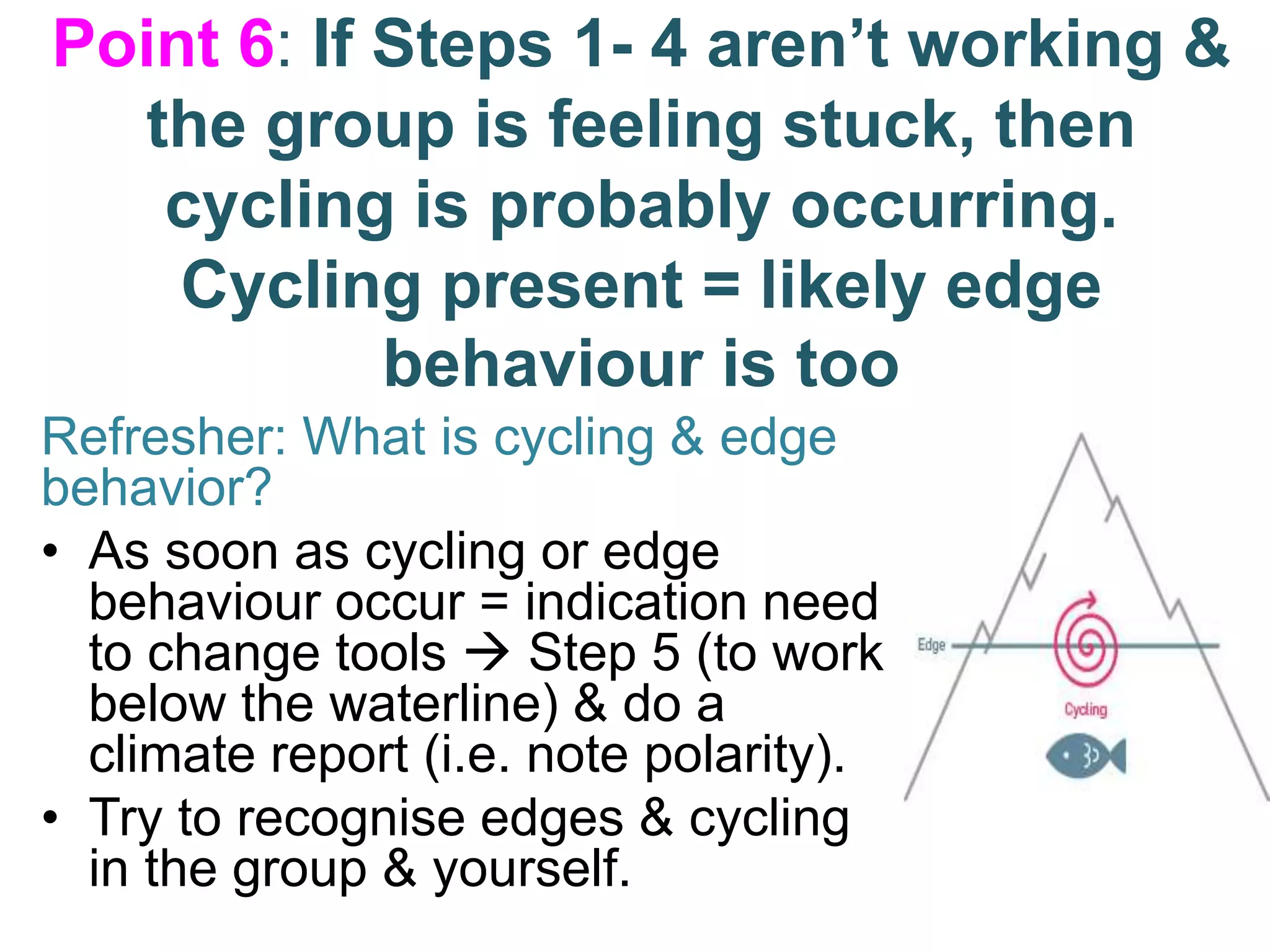 Point 6: If Steps 1- 4 aren’t working &
the group is feeling stuck, then
cycling is probably occurring.
Cycling present = likely edge
behaviour is too
Refresher: What is cycling & edge
behavior?
• As soon as cycling or edge
behaviour occur = indication need
to change tools  Step 5 (to work
below the waterline) & do a
climate report (i.e. note polarity).
• Try to recognise edges & cycling
in the group & yourself.
 