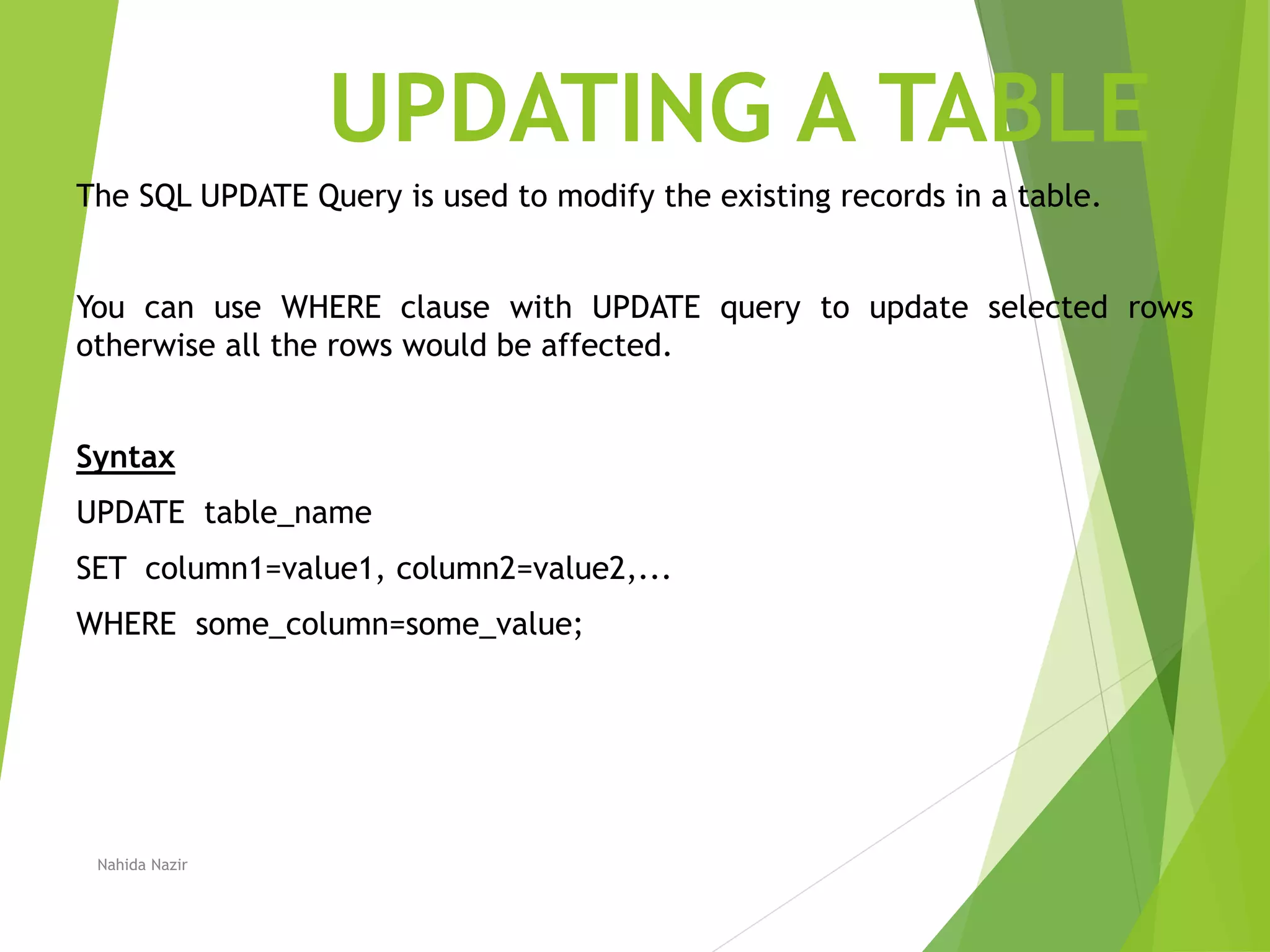 UPDATING A TABLE
The SQL UPDATE Query is used to modify the existing records in a table.
You can use WHERE clause with UPDATE query to update selected rows
otherwise all the rows would be affected.
Syntax
UPDATE table_name
SET column1=value1, column2=value2,...
WHERE some_column=some_value;
Nahida Nazir
 