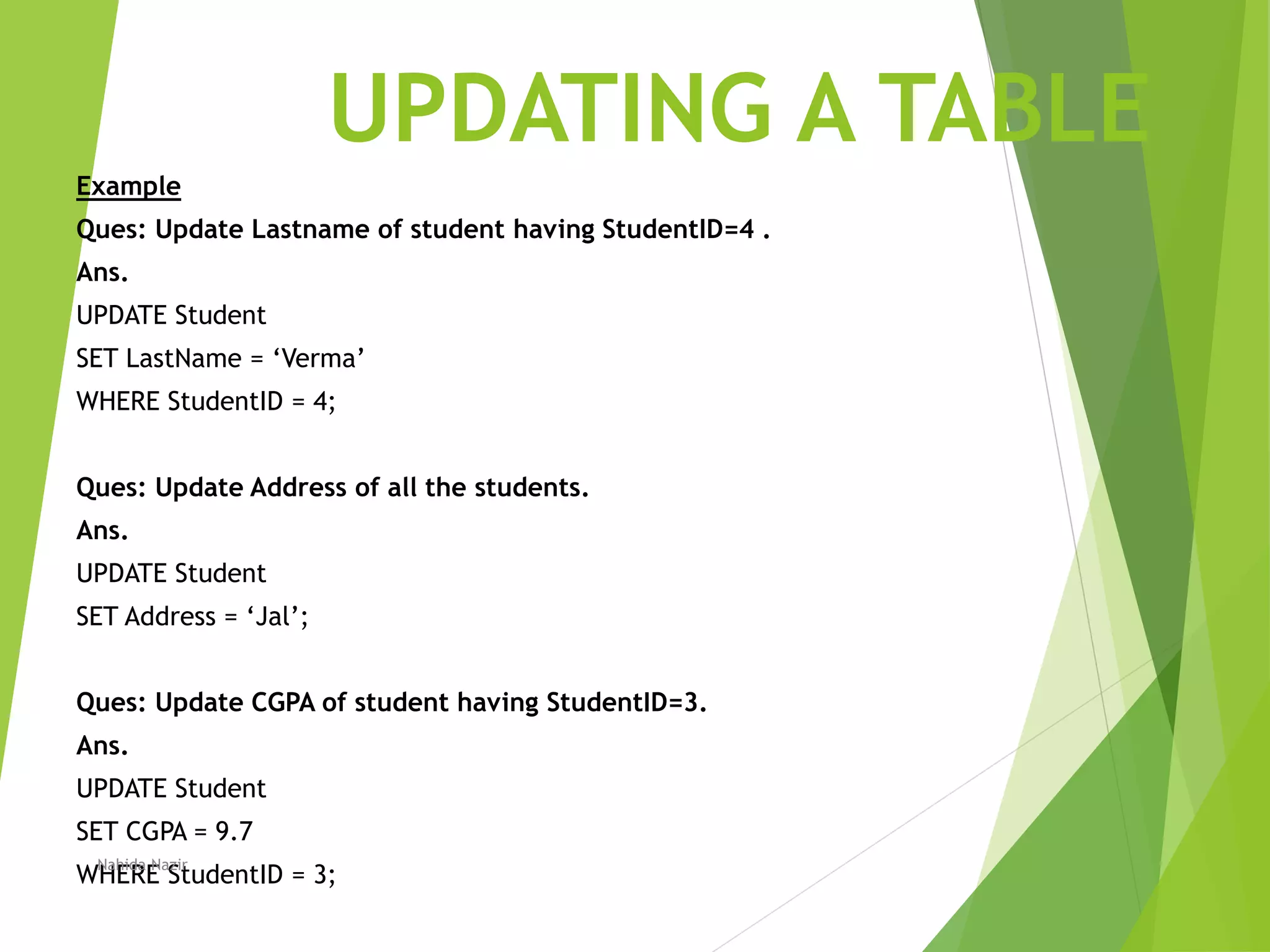 UPDATING A TABLE
Example
Ques: Update Lastname of student having StudentID=4 .
Ans.
UPDATE Student
SET LastName = ‘Verma’
WHERE StudentID = 4;
Ques: Update Address of all the students.
Ans.
UPDATE Student
SET Address = ‘Jal’;
Ques: Update CGPA of student having StudentID=3.
Ans.
UPDATE Student
SET CGPA = 9.7
WHERE StudentID = 3;
Nahida Nazir
 