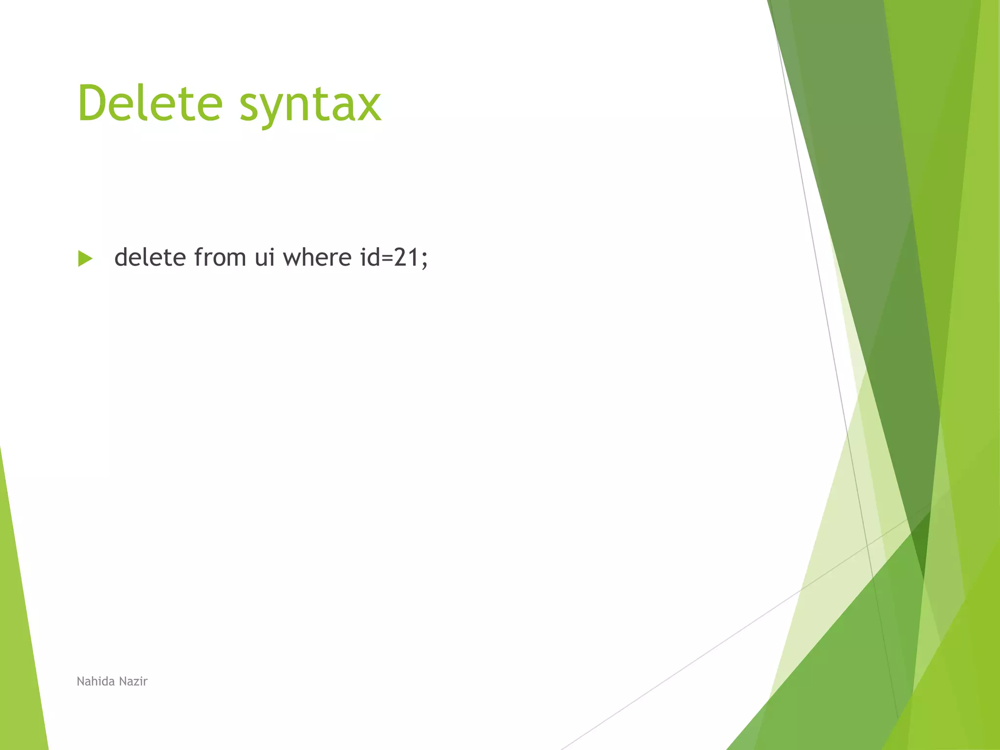 Delete syntax
 delete from ui where id=21;
Nahida Nazir
 