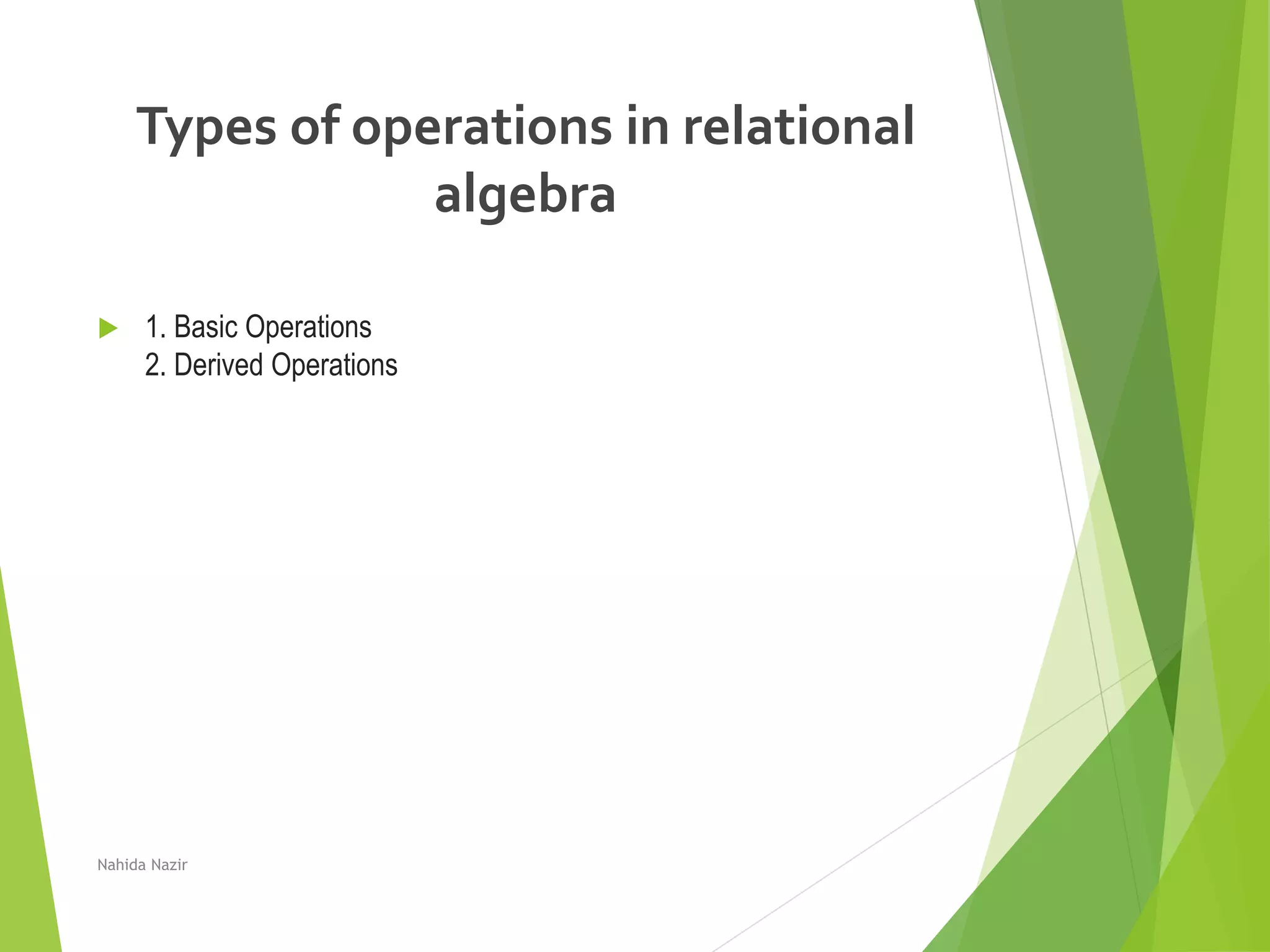 Types of operations in relational
algebra
 1. Basic Operations
2. Derived Operations
Nahida Nazir
 