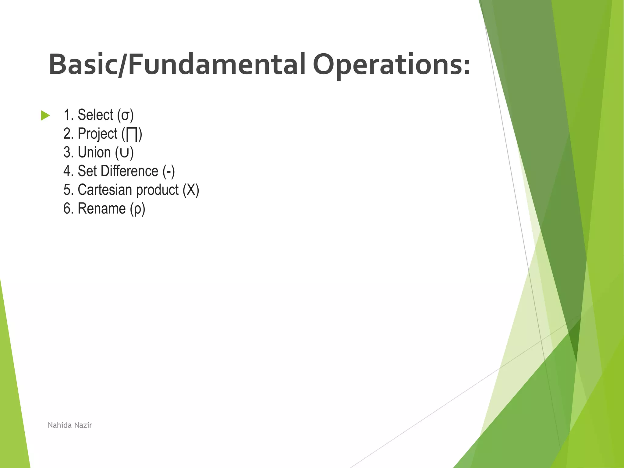 Basic/Fundamental Operations:
 1. Select (σ)
2. Project (∏)
3. Union (∪)
4. Set Difference (-)
5. Cartesian product (X)
6. Rename (ρ)
Nahida Nazir
 