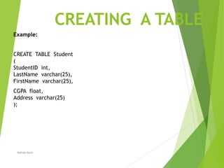 CREATING A TABLE
Example:
CREATE TABLE Student
(
StudentID int,
LastName varchar(25),
FirstName varchar(25),
CGPA float,
Address varchar(25)
);
Nahida Nazir
 