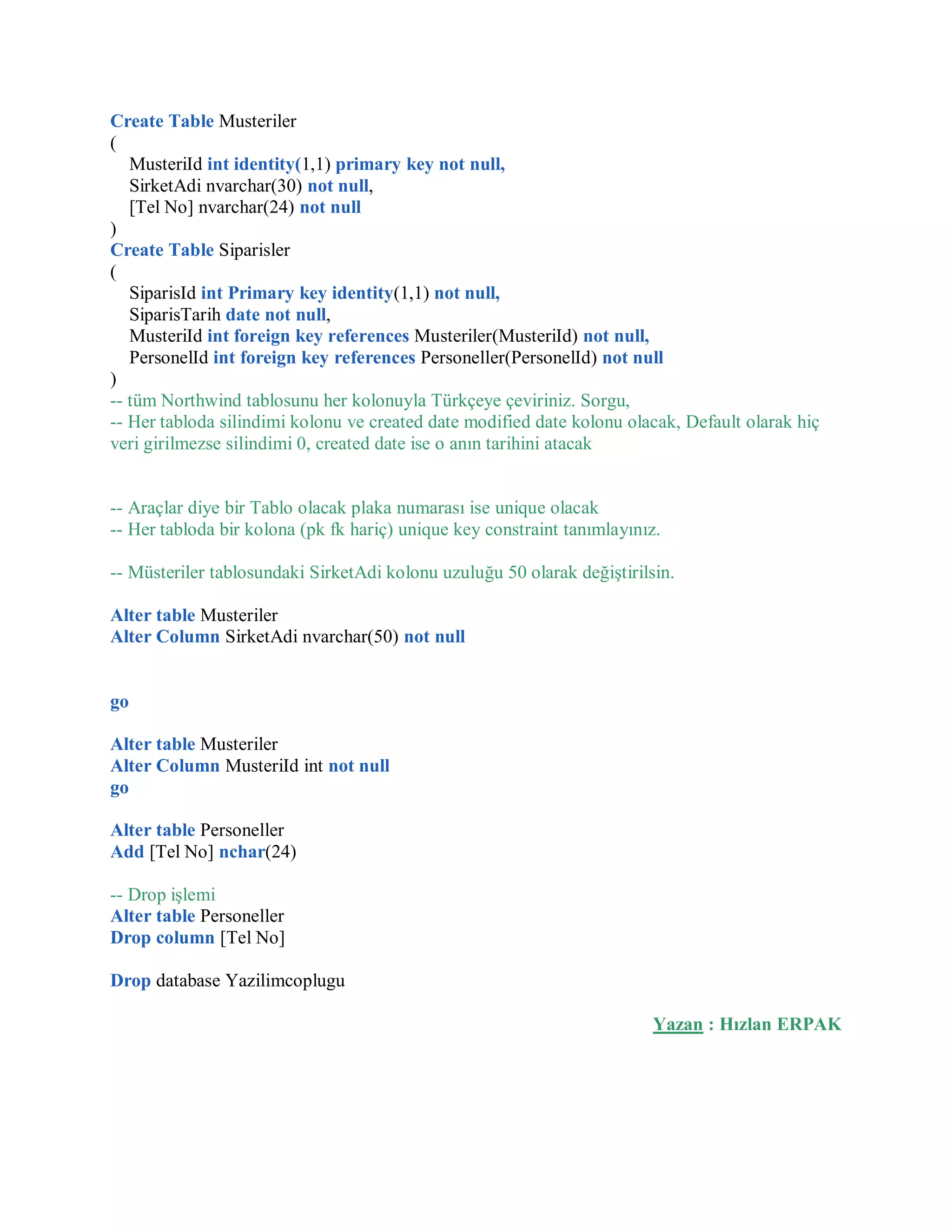 Create Table Musteriler
(
MusteriId int identity(1,1) primary key not null,
SirketAdi nvarchar(30) not null,
[Tel No] nvarchar(24) not null
)
Create Table Siparisler
(
SiparisId int Primary key identity(1,1) not null,
SiparisTarih date not null,
MusteriId int foreign key references Musteriler(MusteriId) not null,
PersonelId int foreign key references Personeller(PersonelId) not null
)
-- tüm Northwind tablosunu her kolonuyla Türkçeye çeviriniz. Sorgu,
-- Her tabloda silindimi kolonu ve created date modified date kolonu olacak, Default olarak hiç
veri girilmezse silindimi 0, created date ise o anın tarihini atacak
-- Araçlar diye bir Tablo olacak plaka numarası ise unique olacak
-- Her tabloda bir kolona (pk fk hariç) unique key constraint tanımlayınız.
-- Müsteriler tablosundaki SirketAdi kolonu uzuluğu 50 olarak değiştirilsin.
Alter table Musteriler
Alter Column SirketAdi nvarchar(50) not null
go
Alter table Musteriler
Alter Column MusteriId int not null
go
Alter table Personeller
Add [Tel No] nchar(24)
-- Drop işlemi
Alter table Personeller
Drop column [Tel No]
Drop database Yazilimcoplugu
Yazan : Hızlan ERPAK
 