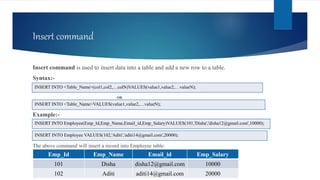 Insert command
Insert command is used to insert data into a table and add a new row to a table.
Syntax:-
OR
Example:-
The above command will insert a record into Employee table:
INSERT INTO <Table_Name>(col1,col2,…colN)VALUES(value1,value2,…valueN);
INSERT INTO <Table_Name>VALUES(value1,value2,…valueN);
INSERT INTO Employee(Emp_Id,Emp_Name,Email_id,Emp_Salary)VALUES(101,'Disha','disha12@gmail.com',10000);
INSERT INTO Employee VALUES(102,'Aditi','aditi14@gmail.com',20000);
Emp_Id Emp_Name Email_id Emp_Salary
101 Disha disha12@gmail.com 10000
102 Aditi aditi14@gmail.com 20000
 