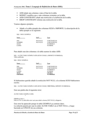 Formación 2002. Tema 3.       Lenguaje de Definición de Datos (DDL)


    •    ADD añade una columna o más al final de la tabla.
    •    MODIFY modifica una o más columnas existentes en la tabla.
    •    ADD CONSTRAINT añade una restricción a la definición de la tabla.
    •    DROP CONSTRAINT elimina una restricción de la tabla.

Veamos algunos ejemplos.

    •    Añadir a la tabla ejemplo dos columnas SEXO e IMPORTE. La descripción de la
         tabla ejemplo es la siguiente:

    SQL> DESC EJEMPLO;

    Name                             Null?             Type

    DNI                              NOT NULL          VARCHAR2(10)
    NOMBRE                           NOT NULL          VARCHAR2(30)
    EDAD                                               NUMBER(2)
    CURSO                                              NUMBER



Para añadir esas dos columnas a la tabla usamos la orden ADD.

SQL > ALTER TABLE EJEMPLO ADD (SEXO CHAR(1), IMPORTE NUMBER(4));
Tabla modificada.

SQL> DESC EJEMPLO;

    Name                             Null?             Type

    DNI                              NOT NULL          VARCHAR2(10)
    NOMBRE                           NOT NULL          VARCHAR2(30)
    EDAD                                               NUMBER(2)
    CURSO                                              NUMBER
    SEXO                                               CHAR(1)
    IMPORTE                                            NUMBER(4)



Si hubiesemos querido añadir la restricción NOT NULL a la columna SEXO hubiesemos
escrito:
SQL > ALTER TABLE EJEMPLO ADD (SEXO CHAR(1) NOT NULL, IMPORTE NUMBER(4));


Esto nos podría dar el siguiente error:

ALTER TABLE EJEMPLO ADD(
              *

ERROR en línea 1:
ORA-01758: La tabla debe estar vacía para añadir columna (NOT NULL) obligatoria.

Este error ha aparecido porque la tabla EJEMPLO ya contiene datos.
La solución pasaría por usar la orden ALTER TABLE sin el NOT NULL, y luego
haciendo un UPDATE de esa columna.

Prácticas de Diseño y Gestión de Bases de Datos                                    Page 19 of 23
 