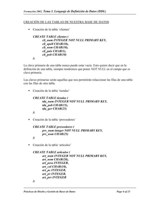 Formación 2002. Tema 3.    Lenguaje de Definición de Datos (DDL)


CREACIÓN DE LAS TABLAS DE NUESTRA BASE DE DATOS

    •   Creación de la tabla ‘clientes’

        CREATE TABLE clientes (
            clt_num INTEGER NOT NULL PRIMARY KEY,
            clt_apell CHAR(10),
            clt_nom CHAR(10),
            clt_pais CHAR(1),
            clt_pob CHAR(10)
        );

La clave primaria de una tabla nunca puede estar vacía. Esto quiere decir que en la
definición de una tabla, siempre tendremos que poner NOT NULL en el campo que es
clave primaria.

Las claves primarias serán aquellas que nos permitirán relaccionar las filas de una tabla
con las filas de otra tabla.

    •   Creación de la tabla ‘tiendas’

        CREATE TABLE tiendas (
            tda_num INTEGER NOT NULL PRIMARY KEY,
            tda_pob CHAR(15),
            tda_ger CHAR(25)
        );

    •   Creación de la tabla ‘proveedores’

        CREATE TABLE proveedores (
             prv_num integer NOT NULL PRIMARY KEY,
             prv_nom CHAR(25)
        );

    •   Creación de la tabla ‘articulos’

        CREATE TABLE articulos (
            art_num INTEGER NOT NULL PRIMARY KEY,
            art_nom CHAR(20),
            art_peso INTEGER,
            art_col CHAR(10),
            art_pc INTEGER,
            art_pv INTEGER,
            art_prv INTEGER
        );


Prácticas de Diseño y Gestión de Bases de Datos                             Page 6 of 23
 