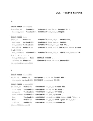 ‫פתרונות‬‫פרק‬8–DDL
1.
CREATE TABLE Categories
(Category_id Number(4) CONSTRAINT cat_id_pk PRIMARY KEY ,
Category_name Varchar2(25) CONSTRAINT cat_nam_uq UNIQUE)
CREATE TABLE Books
(Book_id Number(4) CONSTRAINT book_id_pk PRIMARY KEY,
Book_name Varchar2(25) CONSTRAINT book_nam_uq UNIQUE ,
Book_writer Varchar2(25) CONSTRAINT book_writ_nn NOT NULL ,
Book_price Number(6,2) CONSTRAINT book_prc_ck CHECK(book_price BETWEEN
0 AND 5000) ,
Book_location Varchar2(25) CONSTRAINT book_loc_ck CHECK(book_location IN
('A' , 'B' , 'C')) ,
Book_publish_date Date DEFAULT SYSDATE ,
Category_id Number(4) CONSTRAINT book_catid_fk REFERENCES
categories(category_id))
2.
CREATE TABLE classesTAU
(class_id number(4) CONSTRAINT clas_id_pk PRIMARY KEY ,
class_name varchar2(25) CONSTRAINT clas_nm_uq UNIQUE)
CREATE TABLE studentsTAU
(Student_id Number(4) CONSTRAINT stu_id_pk PRIMARY KEY,
First_name Varchar2(25) CONSTRAINT stu_fn_nn NOT NULL ,
Last_name Varchar2(25) CONSTRAINT stu_ln_nn NOT NULL ,
Phone_number Varchar2(25) CONSTRAINT stu_phn_uq UNIQUE ,
Email Varchar2(25) CONSTRAINT stu_eml_ck CHECK (email LIKE '%@%.') ,
Year Number(1) CONSTRAINT stu_yr_ck CHECK (year IN (1,2,3)) ,
Class_id Number(4) CONSTRAINT stu_cid_fk REFERENCES
classesTAU(class_id))
 