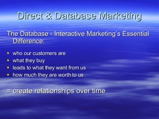 Direct & Database Marketing The Database - Interactive Marketing’s Essential Difference: who our customers are what they buy leads to what they want from us how much they are worth to us = create relationships over time 