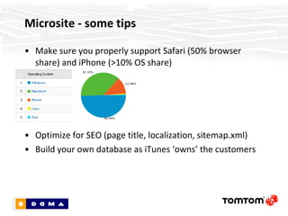 Make sure you properly support Safari (50% browser share) and iPhone (>10% OS share) Optimize for SEO (page title, localization, sitemap.xml) Build your own database as iTunes ‘owns’ the customers Microsite - some tips 