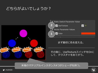 #UE4DD
どちらがよいでしょうか？
switch switch switch switch
まず最初に色を変える。
1
その後に、UseTextureスイッチをOnに
して、テクスチャをあてがう。
2
末端のマテリアルインスタンス4つがシェーダを持つ。
 