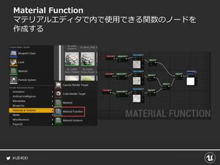 #UE4DD
Material Function
マテリアルエディタで内で使用できる関数のノードを
作成する
 