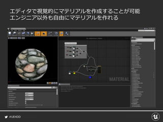 #UE4DD
エディタで視覚的にマテリアルを作成することが可能
エンジニア以外も自由にマテリアルを作れる
 