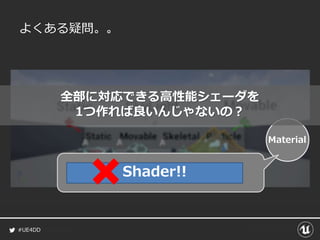#UE4DD
よくある疑問。。
Material
Shader!!
全部に対応できる高性能シェーダを
1つ作れば良いんじゃないの？
 
