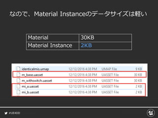 #UE4DD
なので、Material Instanceのデータサイズは軽い
Material 30KB
Material Instance 2KB
 