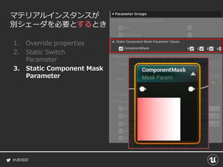 #UE4DD
マテリアルインスタンスが
別シェーダを必要とするとき
1. Override properties
2. Static Switch
Parameter
3. Static Component Mask
Parameter
 