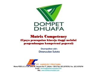 Matrix Competency
          (Upaya pencapaian kinerja tinggi melalui
            pengembangan kompetensi pegawai)

                                          Disampaikan oleh :
                                       Dinarwulan Sutoto



                                   PT. HARDISC PRATAMA
Wisma PEDE Lt.5, Jl. Let. Jend. MT. Haryono Kav.17, Jakarta – 12810 Telp. (021) 83792763, Fax. (021) 83792784
                                  E-mail : services@hardiscconsultant.com
                                      Web : www.hardiscconsultant.com
 