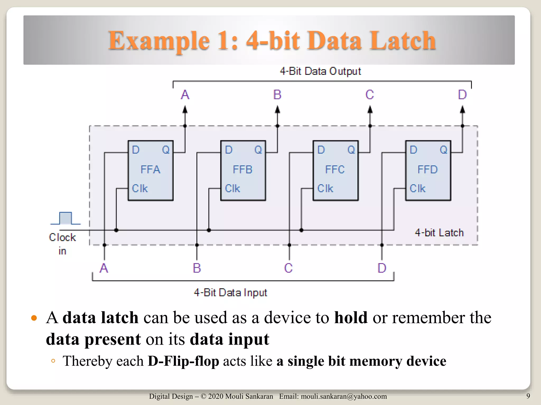 Digital Design – © 2020 Mouli Sankaran Email: mouli.sankaran@yahoo.com 9
Example 1: 4-bit Data Latch
 A data latch can be used as a device to hold or remember the
data present on its data input
◦ Thereby each D-Flip-flop acts like a single bit memory device
 