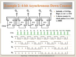 Digital Design – © 2020 Mouli Sankaran Email: mouli.sankaran@yahoo.com 7
Example 2: 4-bit Asynchronous Down Counter
Initially all D Flip-
flops are set to 1111
It down counts the
clock pulses from 1111
to 0000
CLK
CLK
Q0
Q1
Q2
Q3