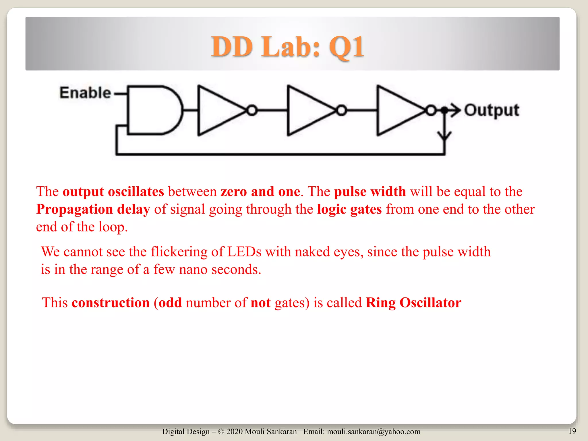 Digital Design – © 2020 Mouli Sankaran Email: mouli.sankaran@yahoo.com 19
DD Lab: Q1
This construction (odd number of not gates) is called Ring Oscillator
The output oscillates between zero and one. The pulse width will be equal to the
Propagation delay of signal going through the logic gates from one end to the other
end of the loop.
We cannot see the flickering of LEDs with naked eyes, since the pulse width
is in the range of a few nano seconds.
 