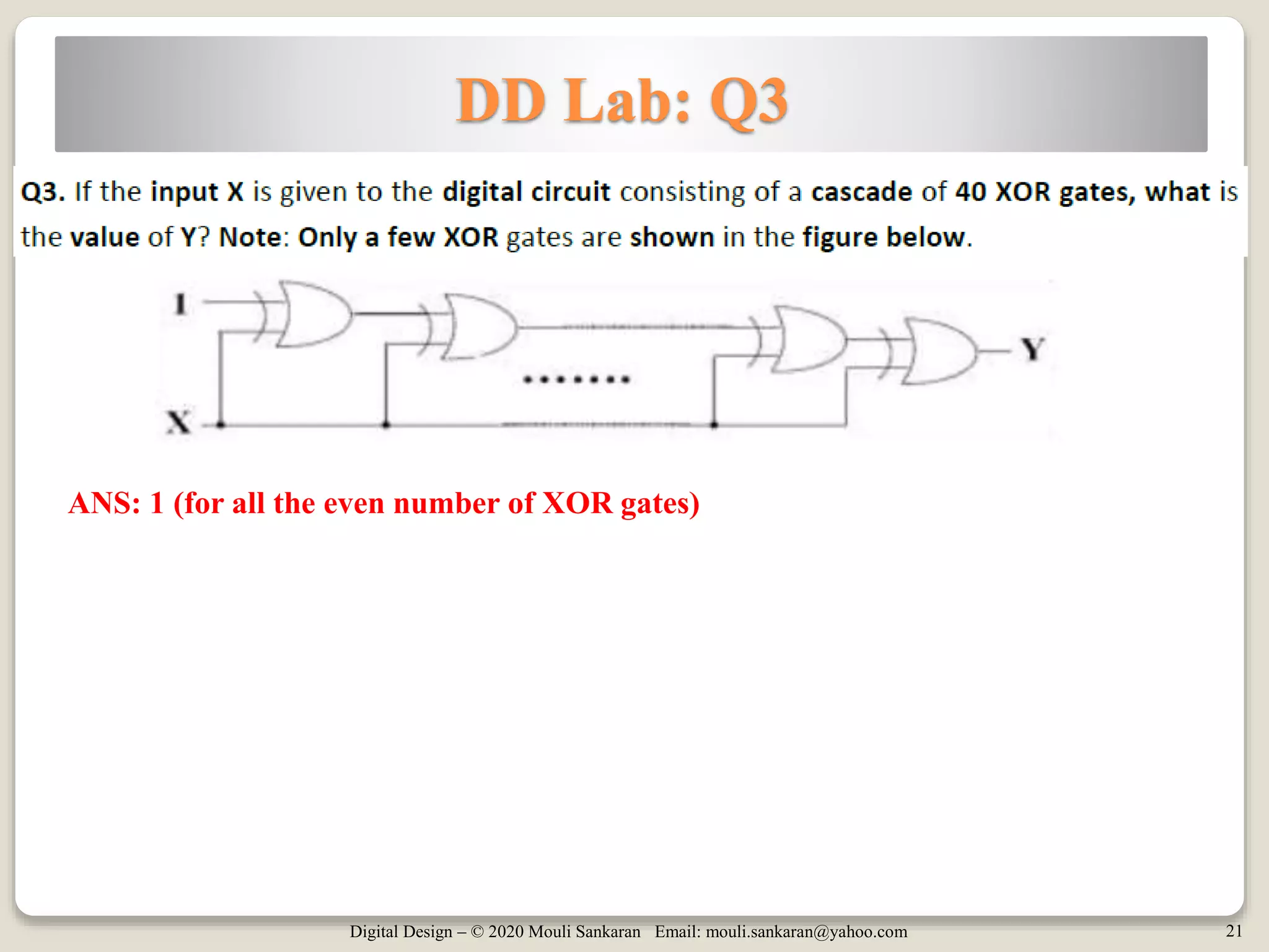 Digital Design – © 2020 Mouli Sankaran Email: mouli.sankaran@yahoo.com 21
DD Lab: Q3
ANS: 1 (for all the even number of XOR gates)
 