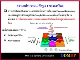 ความแปรปรวน – ศัตรู # 1 ของการไหล
 การแปรปรวนเป็นผลมาจากการบิดเบือนความต้องการ(Demand Distortion)
และการหยุดชะงักของอุปทาน(Supply Disruption)ผ่านเครือข่ายอุปทาน
ทั้งหมด การสั่งสมและผลกระทบของความแปรปรวนคือศัตรูตัวร้ายของการ
ไหล
 Nervousness
 Bullwhip Effect
แหล่งของความแปรปรวน
MRP in a Demand Driven World
 