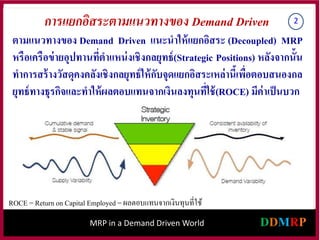 ตามแนวทางของ Demand Driven แนะนาให้แยกอิสระ (Decoupled) MRP
หรือเครือข่ายอุปทานที่ตาแหน่งเชิงกลยุทธ์(Strategic Positions) หลังจากนั้น
ทาการสร้างวัสดุคงคลังเชิงกลยุทธ์ให้กับจุดแยกอิสระเหล่านี้เพื่อตอบสนองกล
ยุทธ์ทางธุรกิจและทาให้ผลตอบแทนจากเงินลงทุนที่ใช้(ROCE) มีค่าเป็นบวก
ROCE = Return on Capital Employed = ผลตอบแทนจากเงินทุนที่ใช้
MRP in a Demand Driven World
2
การแยกอิสระตามแนวทางของ Demand Driven
 