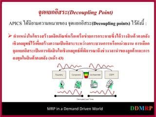MRP in a Demand Driven World
APICS ได้นิยามความหมายของ จุดแยกอิสระ(Decoupling points) ไว้ดังนี้ :
จุดแยกอิสระ(Decoupling Point)
 ตาแหน่งในโครงสร้างผลิตภัณฑ์หรือเครือข่ายการกระจายซึ่งได้วางสินค้าคงคลัง
เชิงกลยุทธ์ไว้เพื่อสร้างความเป็นอิสระระหว่างกระบวนการหรือหน่วยงาน การเลือก
จุดแยกอิสระเป็นการตัดสินใจเชิงกลยุทธ์ที่พิจารณาถึงช่วงวลานาของลูกค้าและการ
ลงทุนในสินค้าคงคลัง (หน้า 43)
 