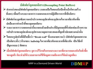 MRP in a Demand Driven World
บัฟเฟอร์จุดแยกอิสระ(Decoupling Point Buffers)
 ตาแหน่งของบัฟเฟอร์จุดแยกอิสระ (แสดงเป็นไอคอนถังเป็นชั้นๆในโครงสร้าง
พึ่งพา) เพื่อสร้างระยะเวลาการวางแผนและการปฏิบัติการการที่เป็นอิสระ
 ระยะเวลาการวางแผนเหล่านี้จะแสดงด้วยเส้นประที่มีจุดกลมที่ขั้วต่อแต่ละด้านความ
แปรปรวนของอุปสงค์และอุปทานจะหยุดการสะสมลงที่จุดขั้วปลายทางเหล่านั้น
 ไอคอนรูปผนังที่มีป้ายชื่อว่า “Break-wall” ซึ่งงหมายความว่า บัฟเฟอร์จุดแยกความ
เป็นอิสระทั้ง 2 ด้านของ bullwhip ในเวลาเดียวกันและจากที่เดียวกัน เป็นวิธีแก้
ปัญหาแบบ 2 ทิศทาง
 บัฟเฟอร์จะดูดซับความแปรปรวนของอุปสงค์และอุปทานในเวลาเดียวกันเพื่อ
ปกป้องการทาหน้าที่ของจุดแยกอิสระ
 เมื่อบัฟเฟอร์จุดแยกอิสระ ถูกวางไว้ภายในกรอบระยะเวลาที่สามารถมองเห็นใบสั่งซื้อ
ของลูกค้า ก็จะช่วยให้ระบบสามารถใช้ข้อมูลความต้องการได้อย่างถูกต้อง
 