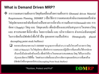 “Position, Protect and Pull”
 การวางแผนความต้องการวัสดุขับเคลื่อนด้วยความต้องการ (Demand driven Material
Requirements Planning, DDMRP ) เป็นวิธีการวางแผนและดาเนินงานตลอดเครือข่าย
โซ่อุปทานหลายลาดับชั้นอย่างเป็นทางการเกี่ยวกับ ความต้องการ(Demand) และ การ
จัดหา (Supply) วัสดุ และ วัสดุคงคลัง เพื่อปกป้องและสนับสนุนการไหลของวัสดุ
และ สารสนเทศ ที่เกี่ยวข้อง โดยการจัดตั้ง และ บริหารจัดการ ตาแหน่งเชิงกลยุทธ์
ในการจัดเก็บบัฟเฟอร์เพื่อให้ เป็น จุดแยกความเป็นอิสระ (Strategically placed
decoupling point stock bufferes)
 หลายระดับหมายความว่า DDMRP จะบูรณาการชั้นต่างๆ (รวมถึงโครงสร้างรายการวัสดุ
( Bill of Material ) ในโซ่อุปทาน เพื่อทาการวางแผนและปฏิบัติการที่มองเห็นได้จากปลาย
ด้านหนึ่งถึงปลายอีกด้านหนึ่ง เพื่อทาให้การไหลของสารสนเทศและวัสดุ ได้รับการปรับ
ปรุงและจัดการได้ดีขึ้น โดยผ่านการจัดตั้งและบริหารจัดการจุดแยกอิสระการพึ่งพาด้วย
บัฟเฟอร์สต๊อกจุดแยกอิสระ(DecouplingPoint Stock Buffers)
 