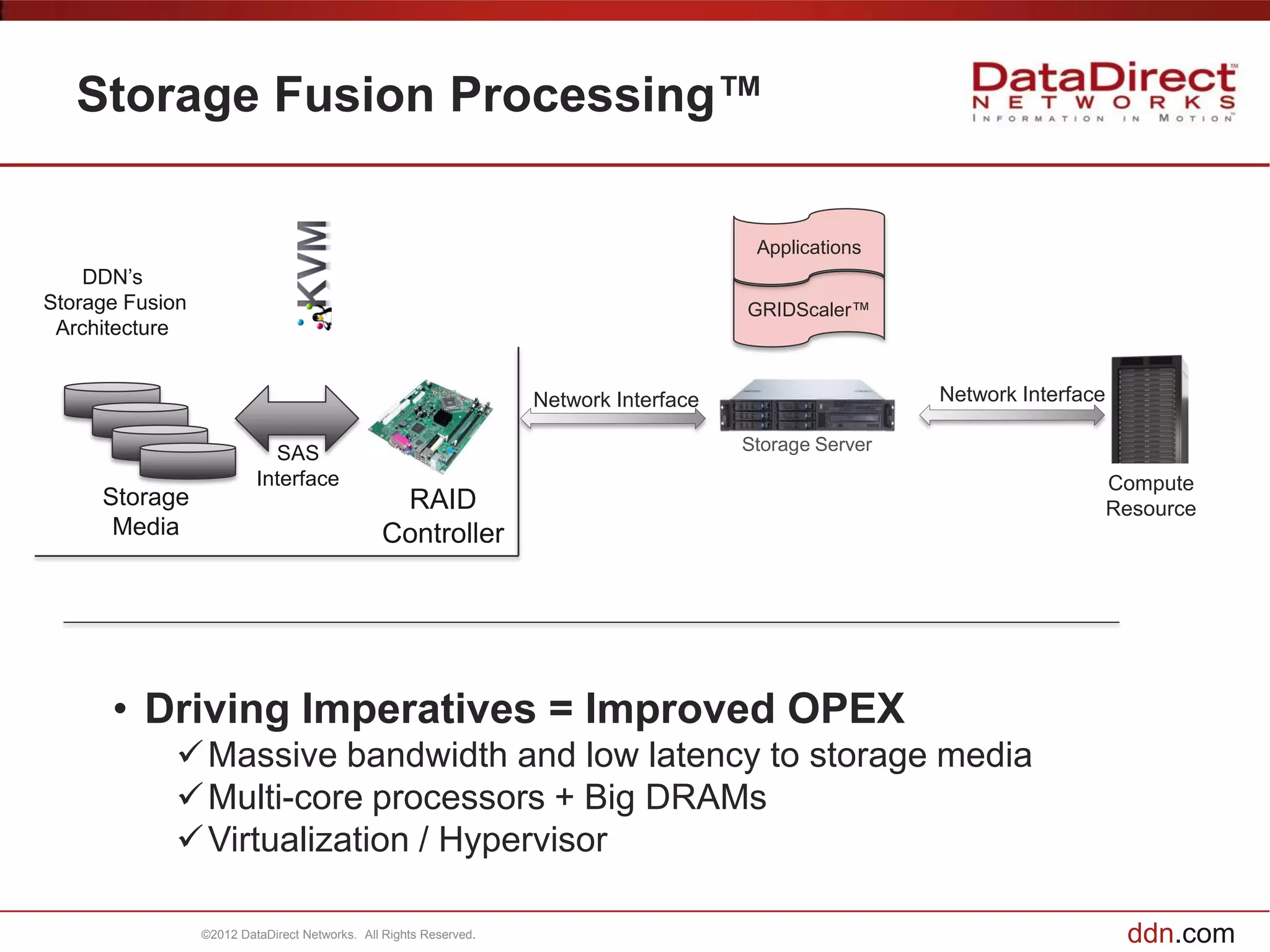 Storage Fusion Processing™

                                                                                        Applications
    DDN’s
Storage Fusion                                                                         GRIDScaler™
 Architecture


                                                                   Network Interface                    Network Interface

                            SAS                                                        Storage Server
                          Interface                                                                                         Compute
     Storage                                    RAID                                                                        Resource
      Media                                    Controller




      • Driving Imperatives = Improved OPEX
             Massive bandwidth and low latency to storage media
             Multi-core processors + Big DRAMs
             Virtualization / Hypervisor

                 ©2012 DataDirect Networks. All Rights Reserved.                                                             ddn.com
 