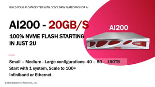©2018 DataDirect Networks, Inc.
BUILD YOUR AI DATACENTER WITH DDN’S DATA PLATFORMS FOR AI
Small – Medium - Large configurations: 40 – 80 – 150TB
Start with 1 system, Scale to 100+
Infiniband or Ethernet
AI200 - 20GB/S
100% NVME FLASH STARTING
IN JUST 2U
AI200
 
