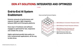 ©2018 DataDirect Networks, Inc.
DDN A3I SOLUTIONS: INTEGRATED AND OPTIMIZED
End-to-End AI System
Enablement
Extreme amounts of performance and
capacity through a tight integration
between DDN and AI Compute platforms
Every layer of hardware and software
engaged is optimized for fast, responsive
and reliable file access
Highly optimized parallel data paths run
from containerized applications, all the way
to disk drives
 