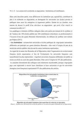 114
VI. 2. 2 – Les acteurs de la recherche en négociation : Institutions et Contributeurs.
Dans cette deuxième partie, nous définissons les institutions qui, aujourd’hui, contribuent le
plus à la recherche en négociation, en distinguant les universités (ou écoles) privées et
publiques mais aussi les entreprises et organismes publics. Partant de ces résultats, nous
tentons de dresser le profil d’un chercheur en négociation : qui est-il, d’où vient-il et
comment travaille t-il ?
Les graphiques et données chiffrées indiquées dans cette partie proviennent de la synthèse et
de l’analyse des 190 articles publiés par 268 contributeurs (chercheurs ou professionnels) à
l’occasion d’une des quatre Biennales Internationales, les tableaux de synthèse sont réalisés
par Pulpito (2011).
- Les Institutions : soixante-huit universités et écoles publiques de vingt-quatre nationalités
différentes ont participé aux quatre dernières Biennales : elles sont à l’origine de près de la
moitié des articles publiés, bien devant les autres institutions représentées.
Au regard de la nature des Biennales de la Négociation, dont l’organisation est exclusivement
française (école organisatrice et lieu de l’événement), les universités françaises sont
naturellement les plus représentées : vingt-huit universités françaises différentes ont publié au
moins un article au cours des quatre Biennales. Elles sont à l’origine de 33% des publications.
Le caractère international des colloques reste néanmoins incontestable, puisque vingt-quatre
pays sont représentés à travers leurs chercheurs et leurs universités et que les universités
étrangères (non françaises) représentent 67% des publications des articles.
Répartition des principales institutions intervenant dans la recherche en négociation
(Source : Synthèse des 190 articles de recherche publiés à l’occasion des quatre Biennales de la Négociation)
 