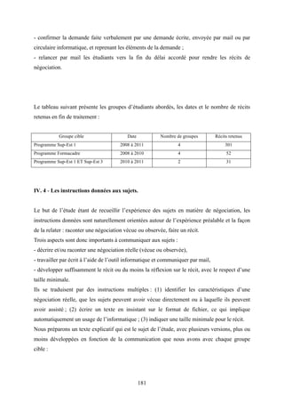 181
- confirmer la demande faite verbalement par une demande écrite, envoyée par mail ou par
circulaire informatique, et reprenant les éléments de la demande ;
- relancer par mail les étudiants vers la fin du délai accordé pour rendre les récits de
négociation.
Le tableau suivant présente les groupes d’étudiants abordés, les dates et le nombre de récits
retenus en fin de traitement :
Groupe cible Date Nombre de groupes Récits retenus
Programme Sup-Est 1 2008 à 2011 4 301
Programme Formacadre 2008 à 2010 4 52
Programme Sup-Est 1 ET Sup-Est 3 2010 à 2011 2 31
IV. 4 - Les instructions données aux sujets.
Le but de l’étude étant de recueillir l’expérience des sujets en matière de négociation, les
instructions données sont naturellement orientées autour de l’expérience préalable et la façon
de la relater : raconter une négociation vécue ou observée, faire un récit.
Trois aspects sont donc importants à communiquer aux sujets :
- décrire et/ou raconter une négociation réelle (vécue ou observée),
- travailler par écrit à l’aide de l’outil informatique et communiquer par mail,
- développer suffisamment le récit ou du moins la réflexion sur le récit, avec le respect d’une
taille minimale.
Ils se traduisent par des instructions multiples : (1) identifier les caractéristiques d’une
négociation réelle, que les sujets peuvent avoir vécue directement ou à laquelle ils peuvent
avoir assisté ; (2) écrire un texte en insistant sur le format de fichier, ce qui implique
automatiquement un usage de l’informatique ; (3) indiquer une taille minimale pour le récit.
Nous préparons un texte explicatif qui est le sujet de l’étude, avec plusieurs versions, plus ou
moins développées en fonction de la communication que nous avons avec chaque groupe
cible :
 
