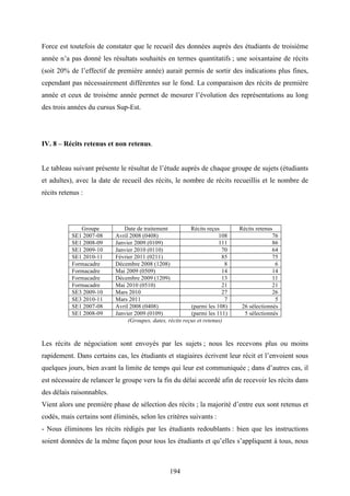 194
Force est toutefois de constater que le recueil des données auprès des étudiants de troisième
année n’a pas donné les résultats souhaités en termes quantitatifs ; une soixantaine de récits
(soit 20% de l’effectif de première année) aurait permis de sortir des indications plus fines,
cependant pas nécessairement différentes sur le fond. La comparaison des récits de première
année et ceux de troisème année permet de mesurer l’évolution des représentations au long
des trois années du cursus Sup-Est.
IV. 8 – Récits retenus et non retenus.
Le tableau suivant présente le résultat de l’étude auprès de chaque groupe de sujets (étudiants
et adultes), avec la date de recueil des récits, le nombre de récits recueillis et le nombre de
récits retenus :
Groupe Date de traitement Récits reçus Récits retenus
SE1 2007-08 Avril 2008 (0408) 108 76
SE1 2008-09 Janvier 2009 (0109) 111 86
SE1 2009-10 Janvier 2010 (0110) 70 64
SE1 2010-11 Février 2011 (0211) 85 75
Formacadre Décembre 2008 (1208) 8 6
Formacadre Mai 2009 (0509) 14 14
Formacadre Décembre 2009 (1209) 13 11
Formacadre Mai 2010 (0510) 21 21
SE3 2009-10 Mars 2010 27 26
SE3 2010-11 Mars 2011 7 5
SE1 2007-08 Avril 2008 (0408) (parmi les 108) 26 sélectionnés
SE1 2008-09 Janvier 2009 (0109) (parmi les 111) 5 sélectionnés
(Groupes, dates, récits reçus et retenus)
Les récits de négociation sont envoyés par les sujets ; nous les recevons plus ou moins
rapidement. Dans certains cas, les étudiants et stagiaires écrivent leur récit et l’envoient sous
quelques jours, bien avant la limite de temps qui leur est communiquée ; dans d’autres cas, il
est nécessaire de relancer le groupe vers la fin du délai accordé afin de recevoir les récits dans
des délais raisonnables.
Vient alors une première phase de sélection des récits ; la majorité d’entre eux sont retenus et
codés, mais certains sont éliminés, selon les critères suivants :
- Nous éliminons les récits rédigés par les étudiants redoublants : bien que les instructions
soient données de la même façon pour tous les étudiants et qu’elles s’appliquent à tous, nous
 