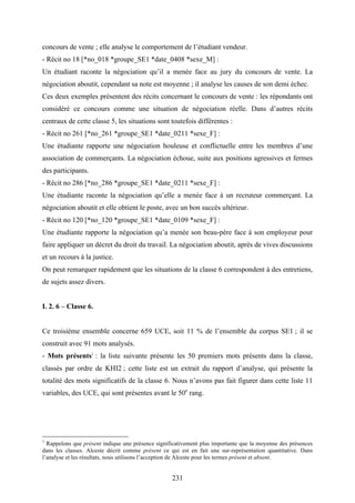 231
concours de vente ; elle analyse le comportement de l’étudiant vendeur.
- Récit no 18 [*no_018 *groupe_SE1 *date_0408 *sexe_M] :
Un étudiant raconte la négociation qu’il a menée face au jury du concours de vente. La
négociation aboutit, cependant sa note est moyenne ; il analyse les causes de son demi échec.
Ces deux exemples présentent des récits concernant le concours de vente : les répondants ont
considéré ce concours comme une situation de négociation réelle. Dans d’autres récits
centraux de cette classe 5, les situations sont toutefois différentes :
- Récit no 261 [*no_261 *groupe_SE1 *date_0211 *sexe_F] :
Une étudiante rapporte une négociation houleuse et conflictuelle entre les membres d’une
association de commerçants. La négociation échoue, suite aux positions agressives et fermes
des participants.
- Récit no 286 [*no_286 *groupe_SE1 *date_0211 *sexe_F] :
Une étudiante raconte la négociation qu’elle a menée face à un recruteur commerçant. La
négociation aboutit et elle obtient le poste, avec un bon succès ultérieur.
- Récit no 120 [*no_120 *groupe_SE1 *date_0109 *sexe_F] :
Une étudiante rapporte la négociation qu’a menée son beau-père face à son employeur pour
faire appliquer un décret du droit du travail. La négociation aboutit, après de vives discussions
et un recours à la justice.
On peut remarquer rapidement que les situations de la classe 6 correspondent à des entretiens,
de sujets assez divers.
I. 2. 6 – Classe 6.
Ce troisième ensemble concerne 659 UCE, soit 11 % de l’ensemble du corpus SE1 ; il se
construit avec 91 mots analysés.
- Mots présents1
: la liste suivante présente les 50 premiers mots présents dans la classe,
classés par ordre de KHI2 ; cette liste est un extrait du rapport d’analyse, qui présente la
totalité des mots significatifs de la classe 6. Nous n’avons pas fait figurer dans cette liste 11
variables, des UCE, qui sont présentes avant le 50e
rang.
1
Rappelons que présent indique une présence significativement plus importante que la moyenne des présences
dans les classes. Alceste décrit comme présent ce qui est en fait une sur-représentation quantitative. Dans
l’analyse et les résultats, nous utilisons l’acception de Alceste pour les termes présent et absent.
 