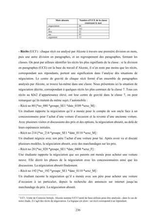 236
Mots absents Nombre d’UCE de la classe
contenant le mot
negociation 46
je 161
dire 22
me 85
argument 12
- Récits (UCI1
) : chaque récit est analysé par Alceste à travers une première division en mots,
puis une autre division en paragraphes, et un regroupement des paragraphes, formant les
classes. On peut par ailleurs identifier les récits les plus signifiants de la classe : si la division
en paragraphes (UCE) est la base du travail d’Alceste, il n’en reste pas moins que les récits,
correspondant aux répondants, portent une signification dans l’analyse des situations de
négociation. Le centre de gravité de chaque récit formé d’un ensemble de paragraphes
analysés par Alceste, se trouve lui-même dans une classe. Nous présentons ici la situation de
négociation décrite, correspondant à quelques récits les plus centraux de la classe 7. Tous ces
récits au Khi2 d’appartenance élevé, ont leur centre de gravité dans la classe 7, on peut
remarquer qu’ils traitent du même sujet, l’automobile :
- Récit no 80 [*no_080 *groupe_SE1 *date_0109 *sexe_M] :
Un étudiant rapporte la négociation qu’il a menée pour le compte de son oncle face à un
concessionnaire pour l’achat d’une voiture d’occasion et la revente d’une ancienne voiture.
Avec plusieurs visites et discussions des prix et des options, la négociation aboutit, au delà de
leurs espérances initiales.
- Récit no 214 [*no_214 *groupe_SE1 *date_0110 *sexe_M] :
Un étudiant négocie avec son père l’achat d’une voiture pour lui. Après avoir vu et discuté
plusieurs modèles, la négociation aboutit, avec des marchandages sur les prix.
- Récit no 20 [*no_020 *groupe_SE1 *date_0408 *sexe_F] :
Une étudiante rapporte la négociation que ses parents ont menée pour acheter une voiture
neuve. Elle décrit les phases de la négociation avec les concessionnaires ainsi que les
discussions. La négociation aboutit finalement.
- Récit no 192 [*no_192 *groupe_SE1 *date_0110 *sexe_M] :
Un étudiant raconte la négociation qu’il a menée avec son père pour acheter une voiture
d’occasion à un particulier, depuis la recherche des annonces sur internet jusqu’au
marchandage du prix. La négociation aboutit.
1
UCI : Unité de Contexte Initiale. Alceste nomme UCI l’unité de base utilisée pour être analysée ; dans le cas de
notre étude, il s’agit des récits de négociation. La logique est alors : un récit correspond à un répondant.
 