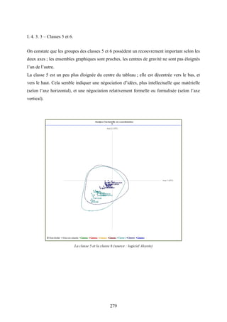 279
I. 4. 3. 3 – Classes 5 et 6.
On constate que les groupes des classes 5 et 6 possèdent un recouvrement important selon les
deux axes ; les ensembles graphiques sont proches, les centres de gravité ne sont pas éloignés
l’un de l’autre.
La classe 5 est un peu plus éloignée du centre du tableau ; elle est décentrée vers le bas, et
vers le haut. Cela semble indiquer une négociation d’idées, plus intellectuelle que matérielle
(selon l’axe horizontal), et une négociation relativement formelle ou formalisée (selon l’axe
vertical).
La classe 5 et la classe 6 (source : logiciel Alceste)
 