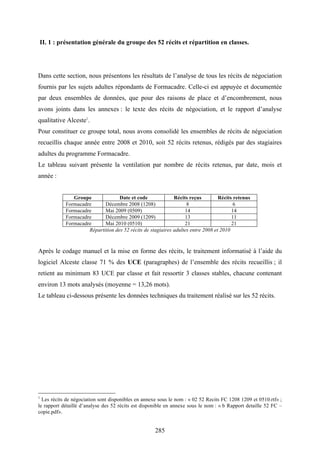285
II. 1 : présentation générale du groupe des 52 récits et répartition en classes.
Dans cette section, nous présentons les résultats de l’analyse de tous les récits de négociation
fournis par les sujets adultes répondants de Formacadre. Celle-ci est appuyée et documentée
par deux ensembles de données, que pour des raisons de place et d’encombrement, nous
avons joints dans les annexes : le texte des récits de négociation, et le rapport d’analyse
qualitative Alceste1
.
Pour constituer ce groupe total, nous avons consolidé les ensembles de récits de négociation
recueillis chaque année entre 2008 et 2010, soit 52 récits retenus, rédigés par des stagiaires
adultes du programme Formacadre.
Le tableau suivant présente la ventilation par nombre de récits retenus, par date, mois et
année :
Groupe Date et code Récits reçus Récits retenus
Formacadre Décembre 2008 (1208) 8 6
Formacadre Mai 2009 (0509) 14 14
Formacadre Décembre 2009 (1209) 13 11
Formacadre Mai 2010 (0510) 21 21
Répartition des 52 récits de stagiaires adultes entre 2008 et 2010
Après le codage manuel et la mise en forme des récits, le traitement informatisé à l’aide du
logiciel Alceste classe 71 % des UCE (paragraphes) de l’ensemble des récits recueillis ; il
retient au minimum 83 UCE par classe et fait ressortir 3 classes stables, chacune contenant
environ 13 mots analysés (moyenne = 13,26 mots).
Le tableau ci-dessous présente les données techniques du traitement réalisé sur les 52 récits.
1
Les récits de négociation sont disponibles en annexe sous le nom : « 02 52 Recits FC 1208 1209 et 0510.rtf» ;
le rapport détaillé d’analyse des 52 récits est disponible en annexe sous le nom : « b Rapport detaille 52 FC –
copie.pdf».
 