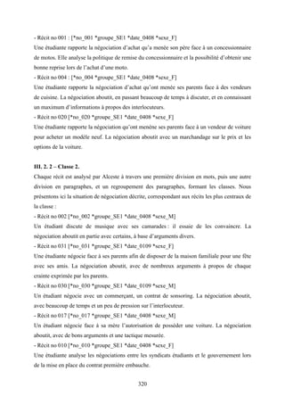 320
- Récit no 001 : [*no_001 *groupe_SE1 *date_0408 *sexe_F]
Une étudiante rapporte la négociation d’achat qu’a menée son père face à un concessionnaire
de motos. Elle analyse la politique de remise du concessionnaire et la possibilité d’obtenir une
bonne reprise lors de l’achat d’une moto.
- Récit no 004 : [*no_004 *groupe_SE1 *date_0408 *sexe_F]
Une étudiante rapporte la négociation d’achat qu’ont menée ses parents face à des vendeurs
de cuisine. La négociation aboutit, en passant beaucoup de temps à discuter, et en connaissant
un maximum d’informations à propos des interlocuteurs.
- Récit no 020 [*no_020 *groupe_SE1 *date_0408 *sexe_F]
Une étudiante rapporte la négociation qu’ont menéne ses parents face à un vendeur de voiture
pour acheter un modèle neuf. La négociation aboutit avec un marchandage sur le prix et les
options de la voiture.
III. 2. 2 – Classe 2.
Chaque récit est analysé par Alceste à travers une première division en mots, puis une autre
division en paragraphes, et un regroupement des paragraphes, formant les classes. Nous
présentons ici la situation de négociation décrite, correspondant aux récits les plus centraux de
la classe :
- Récit no 002 [*no_002 *groupe_SE1 *date_0408 *sexe_M]
Un étudiant discute de musique avec ses camarades : il essaie de les convaincre. La
négociation aboutit en partie avec certains, à base d’arguments divers.
- Récit no 031 [*no_031 *groupe_SE1 *date_0109 *sexe_F]
Une étudiante négocie face à ses parents afin de disposer de la maison familiale pour une fête
avec ses amis. La négociation aboutit, avec de nombreux arguments à propos de chaque
crainte exprimée par les parents.
- Récit no 030 [*no_030 *groupe_SE1 *date_0109 *sexe_M]
Un étudiant négocie avec un commerçant, un contrat de sonsoring. La négociation aboutit,
avec beaucoup de temps et un peu de pression sur l’interlocuteur.
- Récit no 017 [*no_017 *groupe_SE1 *date_0408 *sexe_M]
Un étudiant négocie face à sa mère l’autorisation de posséder une voiture. La négociation
aboutit, avec de bons arguments et une tactique mesurée.
- Récit no 010 [*no_010 *groupe_SE1 *date_0408 *sexe_F]
Une étudiante analyse les négociations entre les syndicats étudiants et le gouvernement lors
de la mise en place du contrat première embauche.
 