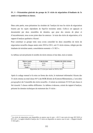 332
IV. 1 - Présentation générale du groupe de 31 récits de négociation d’étudiants de 3e
année et répartition en classes.
Dans cette partie, nous présentons les résultats de l’analyse de tous les récits de négociation
fournis par les sujets répondants de Sup-Est troisième année. Celle-ci est appuyée et
documentée par deux ensembles de données, que pour des raisons de place et
d’encombrement, nous avons joints dans les annexes : le texte des récits de négociation, et le
rapport d’analyse qualitative Alceste1
.
Pour constituer ce groupe total, nous avons consolidé les deux ensembles de récits de
négociation recueillis chaque année entre 2010 et 2011, soit 31 récits retenus, rédigés par des
étudiants de troisième année, consolidation nommée « 31 SE3 ».
Le tableau suivant présente le nombre de récits retenus et leur date, mois et année.
Mois et année Code de date Nombre de récits retenus
Mars 2010 0310 25
Mars 2011 0311 6
Total = 31
Répartition des 31 récits par année en 2010 et 2011
Après le codage manuel et la mise en forme des récits, le traitement informatisé Alceste des
31 récits retenus au total classe 84 % des UCE (Unités de Contexte Elémentaires, c’est-à-dire
paragraphes) de l’ensemble des récits recueillis ; il retient au minimum 52 UCE par classe et
fait ressortir 3 classes stables différentes. Le tableau ci-dessous, extrait du rapport d’analyse,
présente les données techniques du traitement des 31 récits :
1
Les récits de négociation sont disponibles en annexe sous le nom : « 04 31 mm recits de nego SE3 0410 et
0311.rtf » ; le rapport détaillé d’analyse des 31 récits est disponible en annexe sous le nom : « Rapport detaille
31 SE3.pdf ».
 