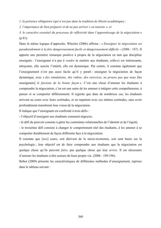 360
1. la présence obligatoire (qui n’est pas dans la tradition de liberté académique) ;
2. l’importance de bien préparer et de ne pas arriver « en touriste », et
3. le caractère essentiel du processus de réflexivité dans l’apprentissage de la négociation »
(p 81).
Dans la même logique d’approche, Wheeler (2006) affirme : « Enseigner la négociation est
paradoxalement à la fois dangereusement facile et dangereusement difficile » (2006 : 187). Il
apporte une première remarque positive à propos de la négociation en tant que discipline
enseignée : l’enseignant n’a pas à vendre la matière aux étudiants, celle-ci est intéressante,
attrayante, elle suscite l’intérêt, elle est dynamique. Par contre, il constate également que
l’enseignement n’est pas aussi facile qu’il y paraît : enseigner la négociation de façon
dynamique, avec « des simulations, des vidéos, des exercices, ne prouve pas que nous [les
enseignants] le fassions de la bonne façon ». C’est une chose d’amener les étudiants à
comprendre la négociation, c’en est une autre de les amener à intégrer cette compréhension, à
penser et se comporter différemment. Il regrette que dans de nombreux cas, les étudiants
arrivent au cours avec leurs certitudes, et en repartent avec ces mêmes certitudes, sans avoir
profondément transformé leur vision de la négociation.
Il indique que l’enseignant est confronté à trois défis :
- l’objectif d’enseigner aux étudiants comment négocier,
- le défi du pouvoir consiste à gérer les contraintes relationnelles de l’identité et de l’équité,
- le troisième défi consiste à changer le comportement réel des étudiants, à les amener à se
comporter durablement de façon différente face à la négociation.
Il constate que [nos] cours, soit dérivent de la micro-économie, soit sont basés sur la
psychologie ; leur objectif est de faire comprendre aux étudiants que la négociation est
quelque chose qu’ils peuvent faire, pas quelque chose qui leur arrive. Il est nécessaire
d’amener les étudiants à être acteurs de leurs propre vie. (2006 : 189-196).
Bobot (2009) présente les caractéristiques de différentes méthodes d’enseignement, reprises
dans le tableau suivant :
 